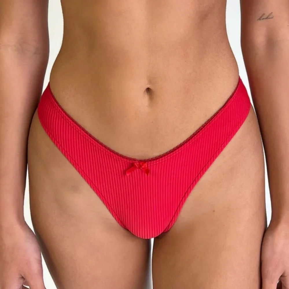 New!Frankie's Bikinis Enzo Ribbed Cheeky Bikini Bottom Crimson